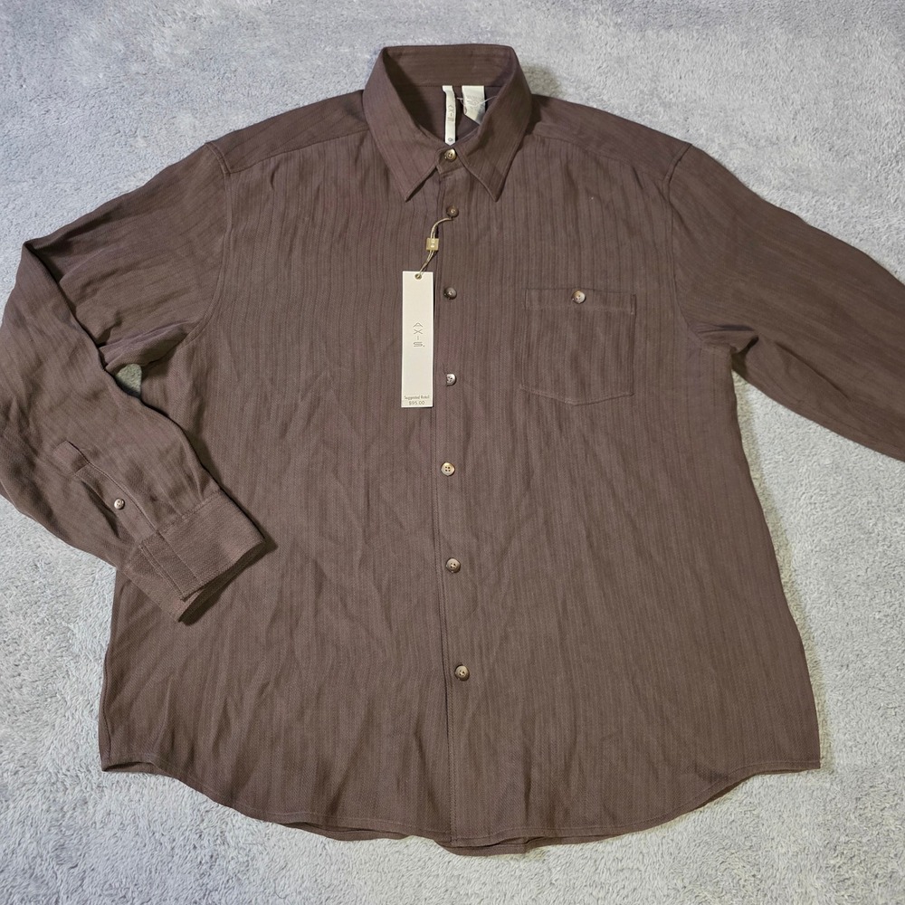 Axis Mens XL Button Up Shirt Brown Silk Blend Herringbone Textured CF56275PS